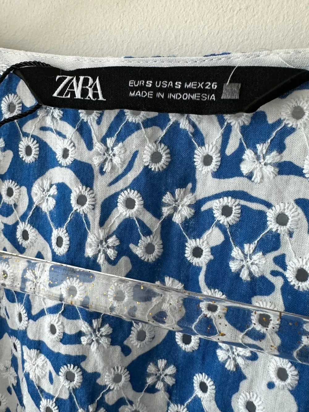 Zara Blue and White Floral Print V-Neck Smocked Waist Blouse